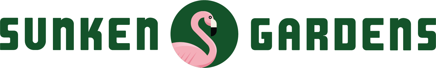 logo spelling Sunken Gardens with flamingo illustration in between the two words