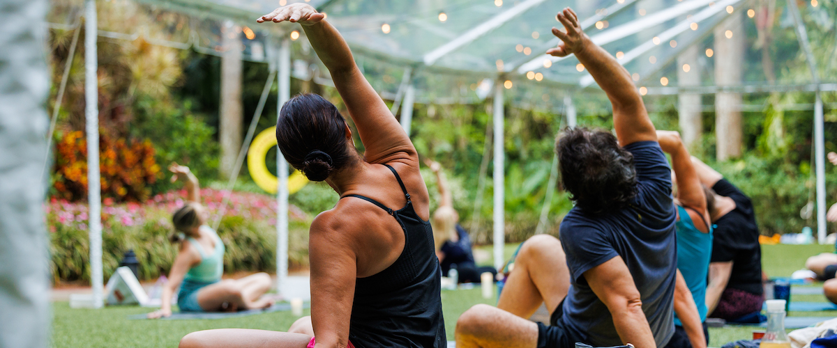 group of people stretching in an outdoors gentle yoga class