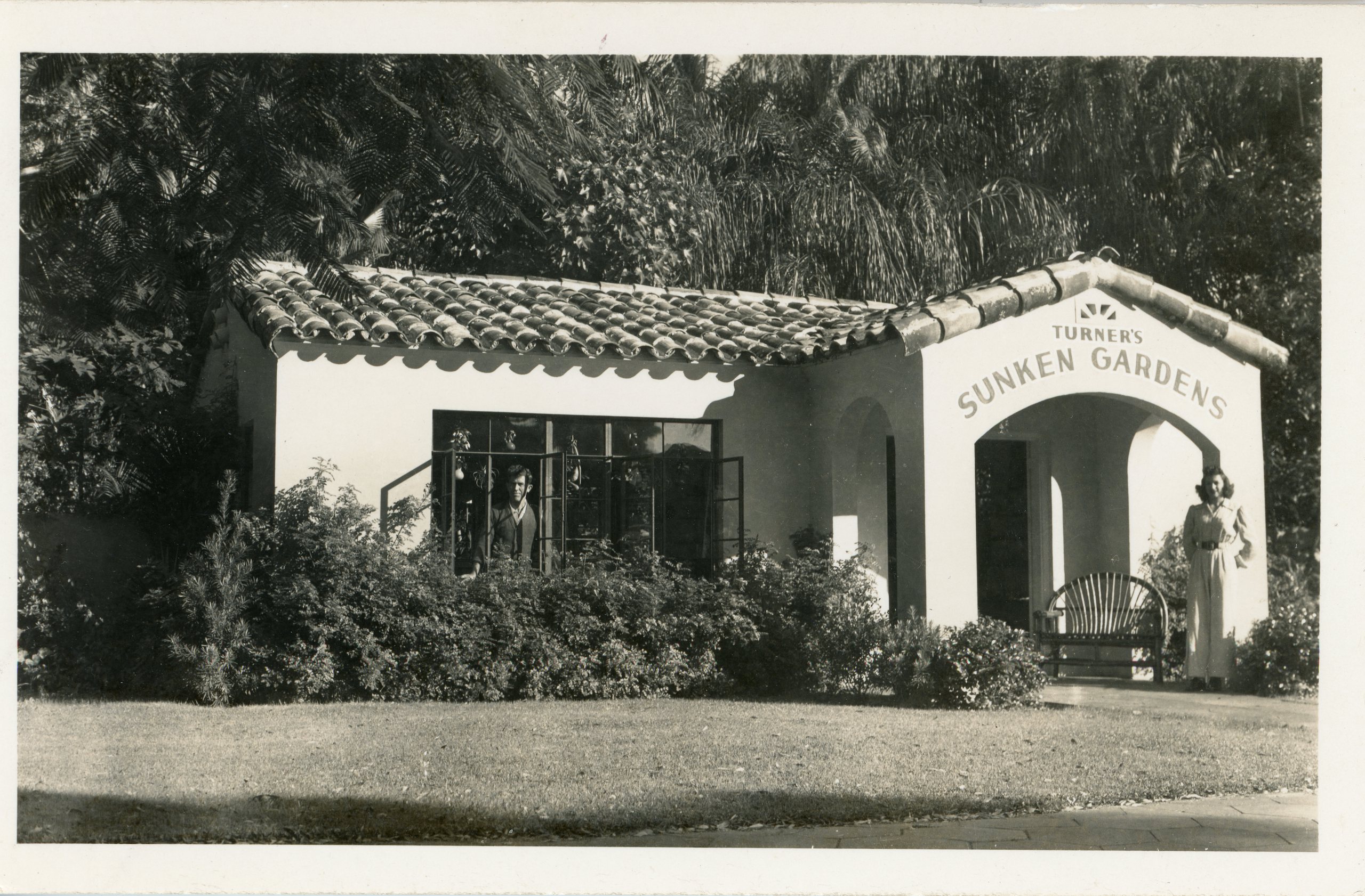 black and white photo of outside of Sunken Gardens entrance from the 1920s