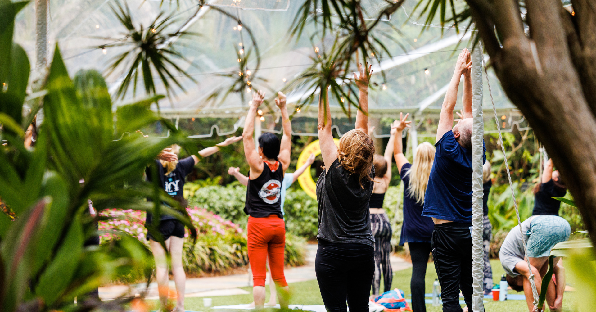 group of people stretching tall in an outdoor yoga class at Sunken Gardens