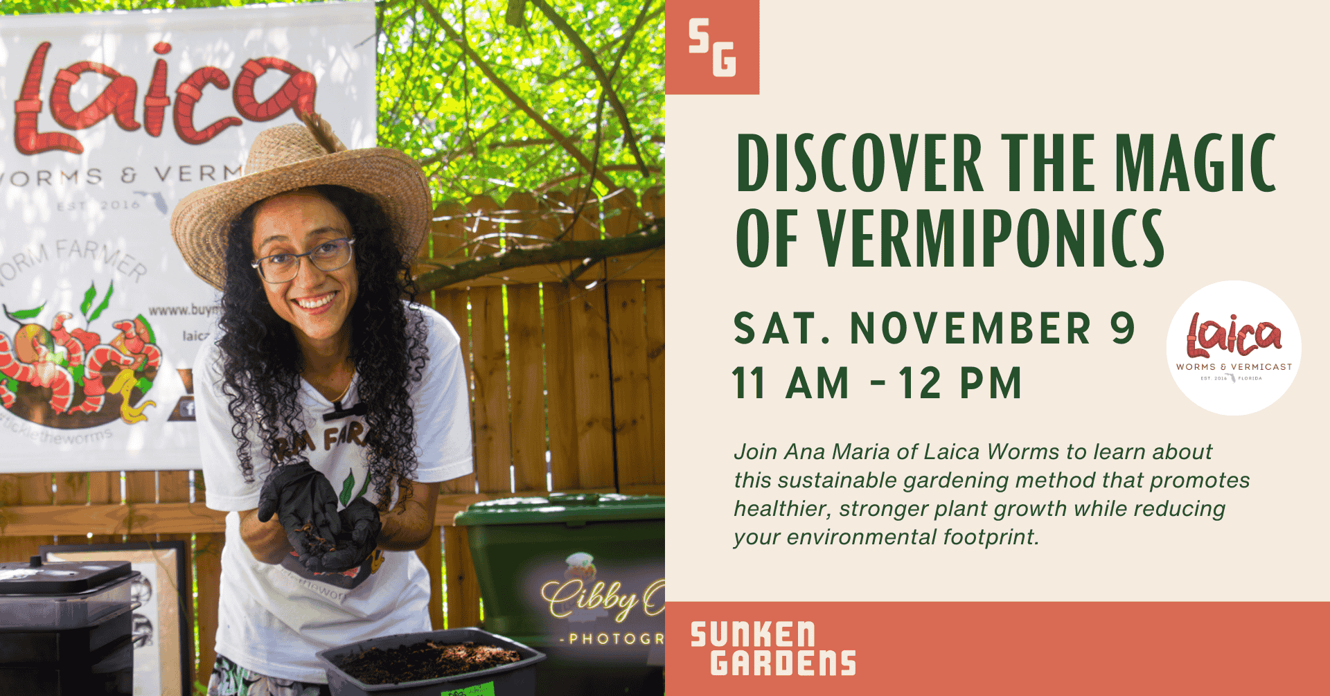 Graphic advertising vermiponics event. It features person smiling and holding out handful of worm compost and details about the event.