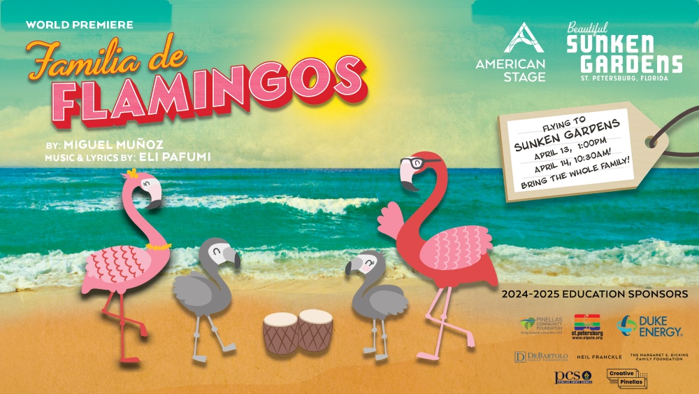 Graphic advertising Famillia de Flamingos, an American Stage show. The image depicts an illustrated family of flamingos on the beach. 